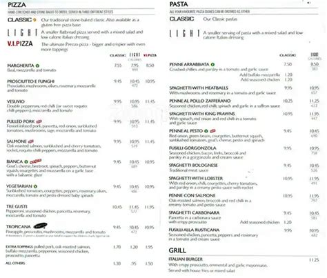 prezzo's menu.